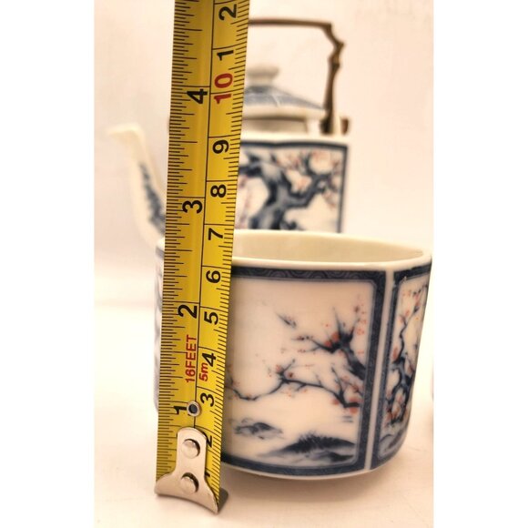 VTG Asian Dolphin China Teapot and Cups Set, Dynasty Blue & White Brass Handle - Picture 5 of 15